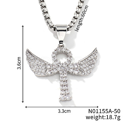 Elegant Brass Crystal Rhinestone Winged Cross Pendant Box Chain Necklaces OK2831-1-1