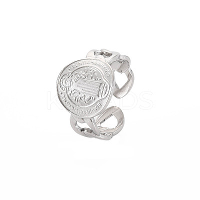 Non-Tarnish 304 Stainless Steel Flat Round with Jesus Wide Open Cuff Ring for Women RJEW-S405-184P-1