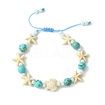 Turtle & Starfish & Round Synthetic Green Turquoise Braided Beaded Bracelets BJEW-TA00363-1