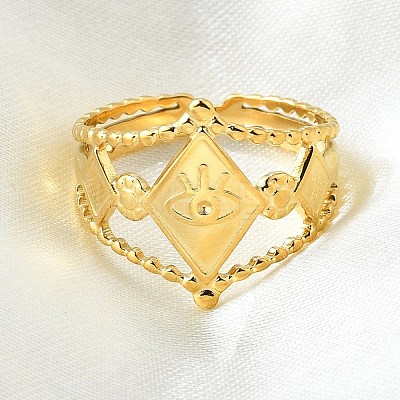 Rhombus with Evil Eye 304 Stainless Steel Cuff Finger Rings RJEW-V002-02G-1