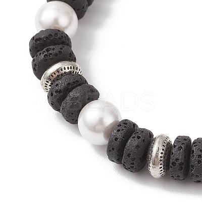 Flat Round Natural Lava Rock & Shell Pearl Beaded Stretch Bracelets for Women BJEW-JB12140-01-1