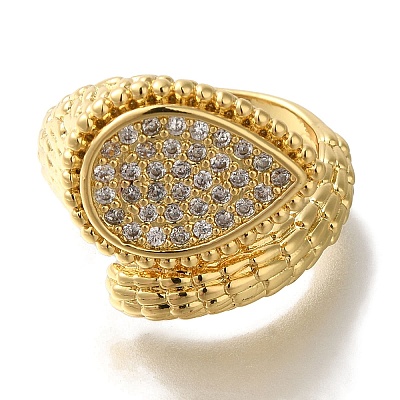 Rack Plating Teardrop Brass Clear Cubic Zirconia Open Cuff Rings RJEW-S411-19G-1