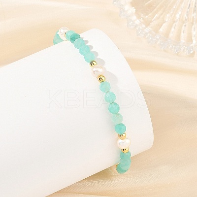 4MM Faceted Round Natural Amazonite and Pearl Beaded Cuff Bangles BJEW-JB14470-1