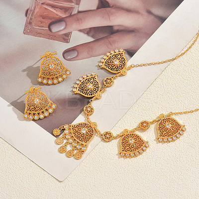 Vintage Brass Micro Pave Clear Cubic Zirconia Filigree Bell Pendant Necklace & Stud Earrings Set for Women JR0711-1