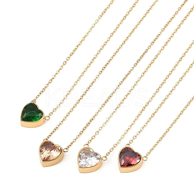 304 Stainless Steel Pave Cubic Zirconia/Glass Heart Pendant Necklaces NJEW-H088-06G-1