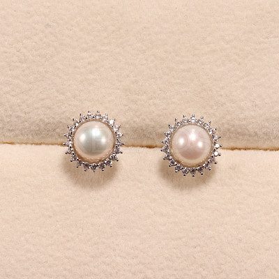 Flower Brass Micro Pave Clear Cubic Zirconia Stud Earrings WG8FE37-02-1