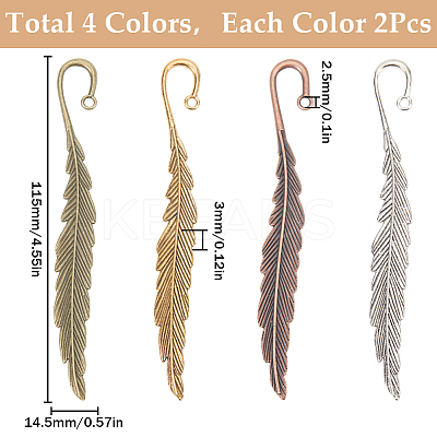 8Pcs 4 Style Feather Shape Tibetan Style Alloy Bookmarks Making AJEW-SC0002-56-1