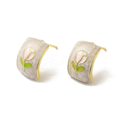 Flower Alloy Enamel Half Hoop Stud Earrings for Women EJEW-K282-01G-1