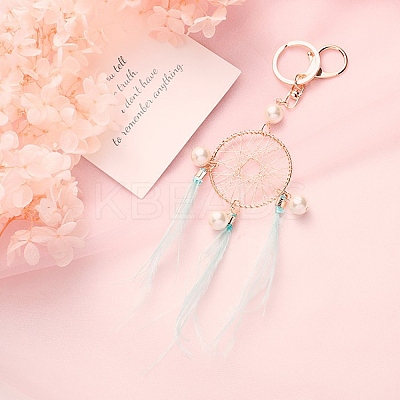 Imitation Pearl Woven Net/Web with Feather Hanging Ornaments PW23030911310-1