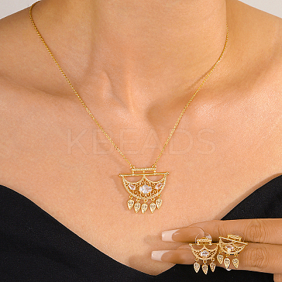 Brass Micro Pave Clear Cubic Zirconia Crescent Moon Tassel Pendant Necklaces and Stud Earrings Sets for Women PB9460-1