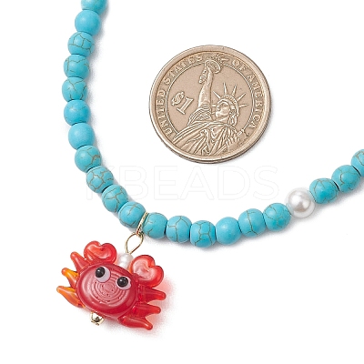 Summer Beach Handmade Lampwork Red Crab Pendant Synthetic Turquoise Round Beaded Nekclaces NJEW-JN05916-1