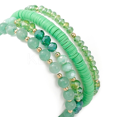 4Pcs 4 Style Glass & Polymer Clay Beaded Stretch Bracelets Set with Clover Charms BJEW-TA00305-1