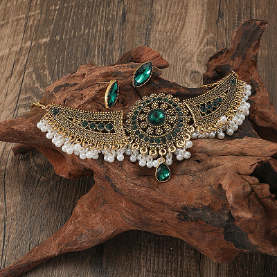 Bohemian Style Zinc Alloy & Rhinestone & Plastic Pearl Tassel Pendant Necklace & Dangle Earring FS-WG87356-08-1