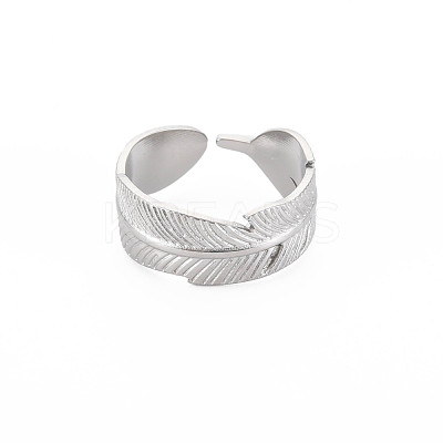 Non-Tarnish 304 Stainless Steel Leaf Wrap Open Cuff Ring for Women RJEW-S405-213P-1