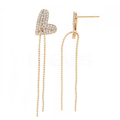 Real 18K Gold Plated Heart with Long Tassel Stud Earrings EJEW-S199-23G-NF-1