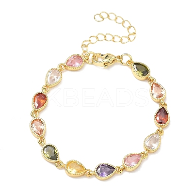 Teardrop Brass Pave Cubic Zirconia Link Chain Bracelets for Women BJEW-P385-06G-1