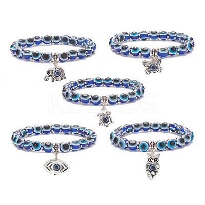 Resin Evil Eye Beaded Stretch Bracelet with Alloy Charm for Men Women BJEW-JB08216-1