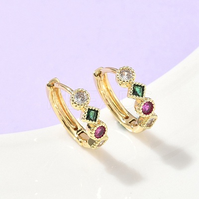 Rhombus with Round Brass Micro Pave Colorful Cubic Zirconia Hoop Earrings LS-EJEW-Z102-35G-1