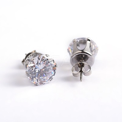 Flat Round 304 Stainless Steel Cubic Zirconia Stud Earrings EJEW-H306-38-4mm-1