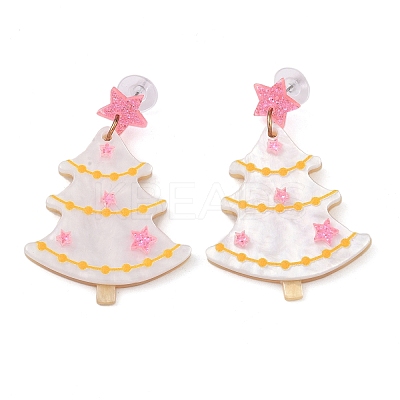 Glitter Star Christmas Tree Acrylic Dangle Stud Earrings EJEW-L203-12A-1