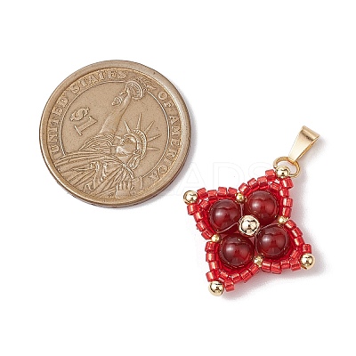 Natural Carnelian(Dyed & Heated) & Glass Seed Beaded Woven Pendants PALLOY-MZ00365-03-1