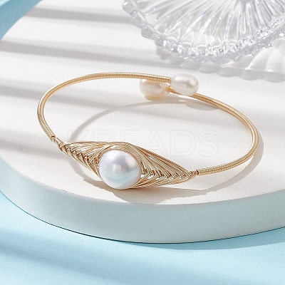 Natural Pearl Beaded Cuff Bangles BJEW-JB10120-02-1
