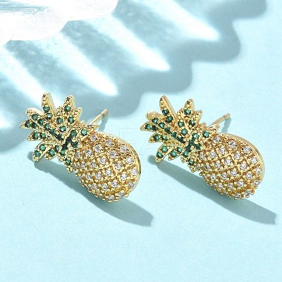 Pineapple Brass Micro Pave Cubic Zirconia Stud Earrings EJEW-A132-09G-1