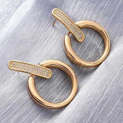 Brass Micro Pave Clear Cubic Zirconia Ring Dangle Stud Earrings EJEW-F374-01G-1