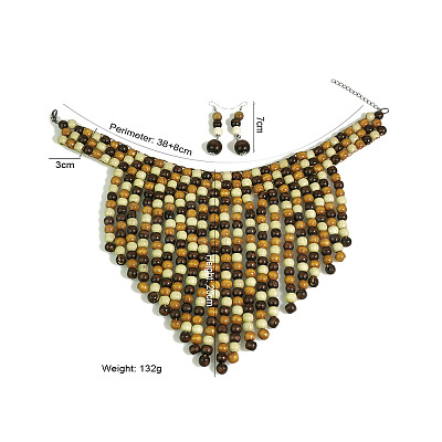 Bohemian Style Wood Round Beaded Pendant Necklaces & Dangle Earrings Sets FS-WG26D1A-02-1