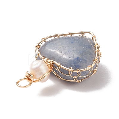 Natural Blue Aventueine & Freshwater Pearl Pendants PALLOY-JF01661-07-1