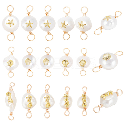 36Pcs 3 Styles Grade AA Natural Cultured Freshwater Pearl Connector Charms with Golden Tone Alloy Slices FIND-BC0004-55-1