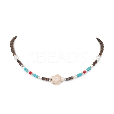 Summer Beach Synthetic Turquoise & Natural Coconut Beaded Neklaces NJEW-JN05208-02-1