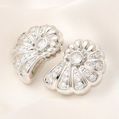 Rack Plating Shell Shape Brass Micro Pave Clear Cubic Zirconia Stud Earrings EJEW-H143-27P-1