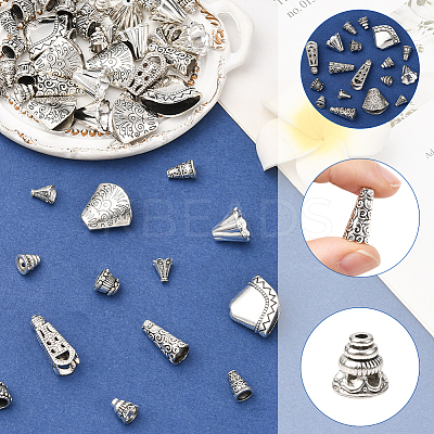 100Pcs 10 Styles Tibetan Styles Alloy Bead Cone & Caps FIND-SP0020-73C-1
