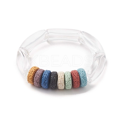 Natural Lava Rock Flat Round & Acrylic Beaded Stretch Bracelet for Women BJEW-JB09253-1