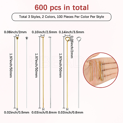 600Pcs 6 Styles Brass Flat Head Pins & Eye Pins Sets KK-SP0002-40-1