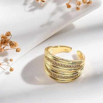 Rack Plating Brass Micro Pave Clear Cubic Zirconia Open Cuff Finger Rings for Women RJEW-M028-92G-1