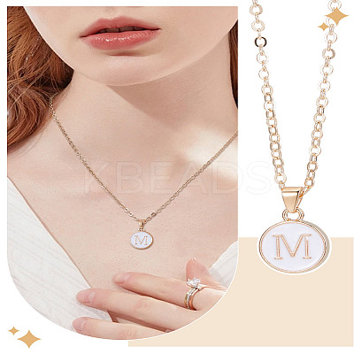 1Pc Zinc Alloy White Enamel Round with Letter Pendant Necklaces NJEW-LP0002-88G-M-1