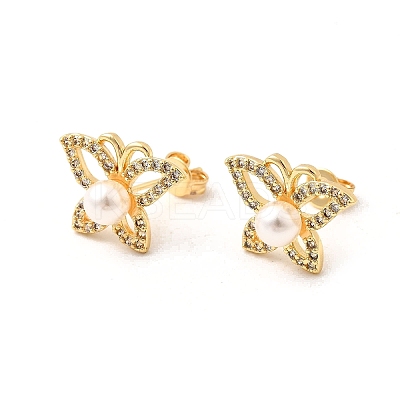 Butterfly Brass Micro Pave Clear Cubic Zirconia Stud Earrings EJEW-C154-03G-1