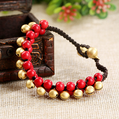 Bohemian Style Synthetic Turquoise Round Beaded & Brass Bell Charm & Wax Cord Braided Bead Bracelets FS-WGC2A27-03-1