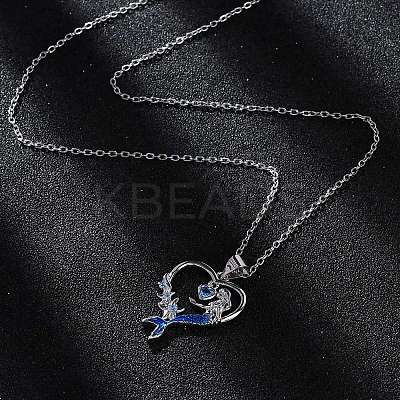 Brass Blue Cubic Zirconia Mermaid Heart Pendant Necklaces for Women LS-NJEW-C067-04P-1