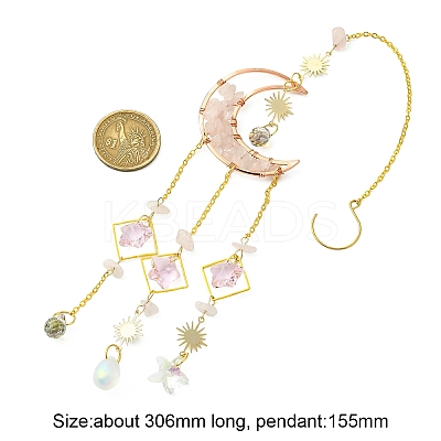 Natural  Rose Quartz Chips Moon Pendant Decorations HJEW-FS00027-04-1