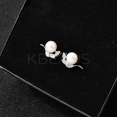 925 Sterling Silver Clear Cubic Zirconia Leaf Stud Earrings EJEW-L300-08P-1