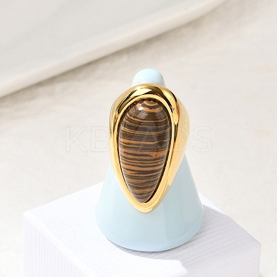 Teardrop Natural Tiger Eye Finger Rings RJEW-Q007-07G-1
