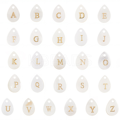 26Pcs 26 Styles Natural Shell Teardrop Charms with Golden Tone Metal Letter Slices SHEL-SC0001-93-1