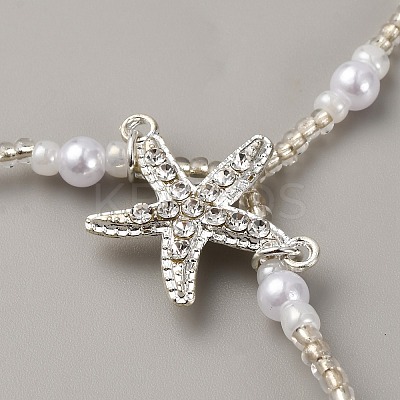 Bohemian Alloy Starfish Charm Glass Seed Beads and Plastic Imitation Pearl Beaded Toe Ring Stretch Anklets for Women AJEW-WH0270-834B-1