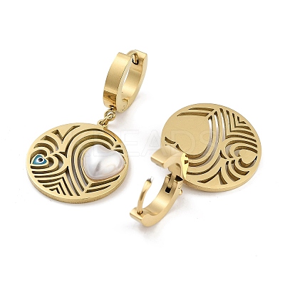 Left and Right Flat Round with Heart 304 Stainless Steel Dangle Earrings EJEW-L283-073G-1