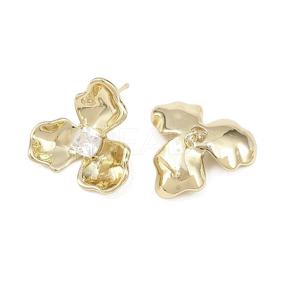Flower Brass Micro Pave Clear Cubic Zirconia Stud Earring Findings KK-F921-03G-1