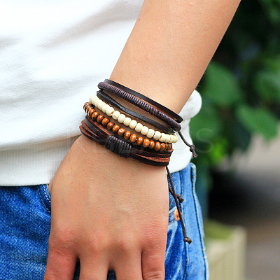 Adjustable Braided Leather Cord Wooden Beaded Multi-strand Bracelets BJEW-P0001-15-1