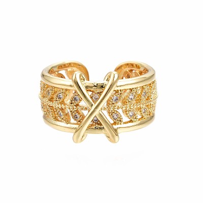 Real 18K Gold Plated Brass Initial X Cuff Ring RJEW-S045-128-NF-1
